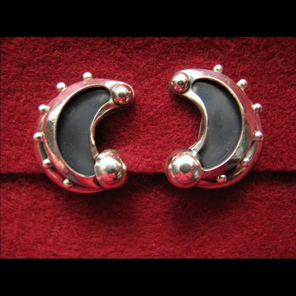 Vintage RENOIR SAUTEUR sterling silver enamel half moon clip earrings - Picture 2 of 4